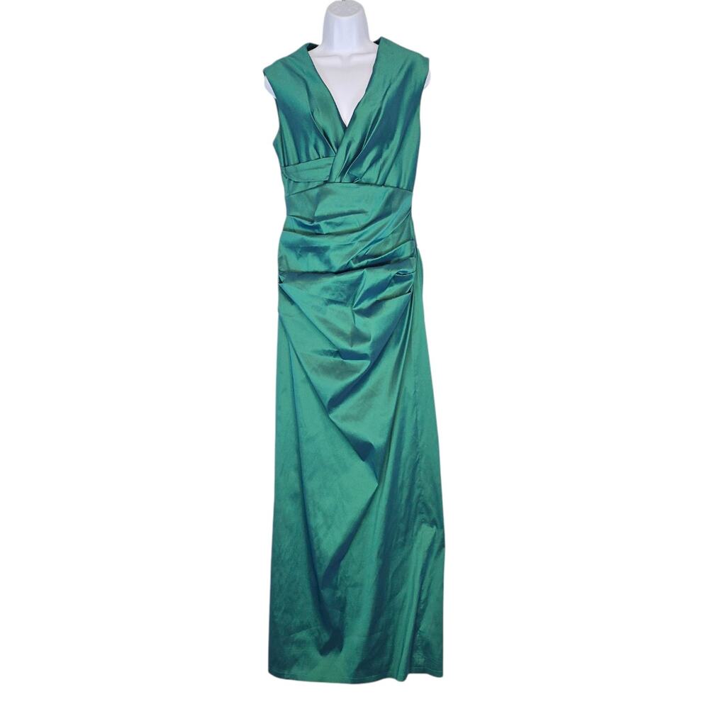 Talbot Runhoff Long Gown Sleeveless Faux Wrap Top Ruched Front Green Shimmer 12